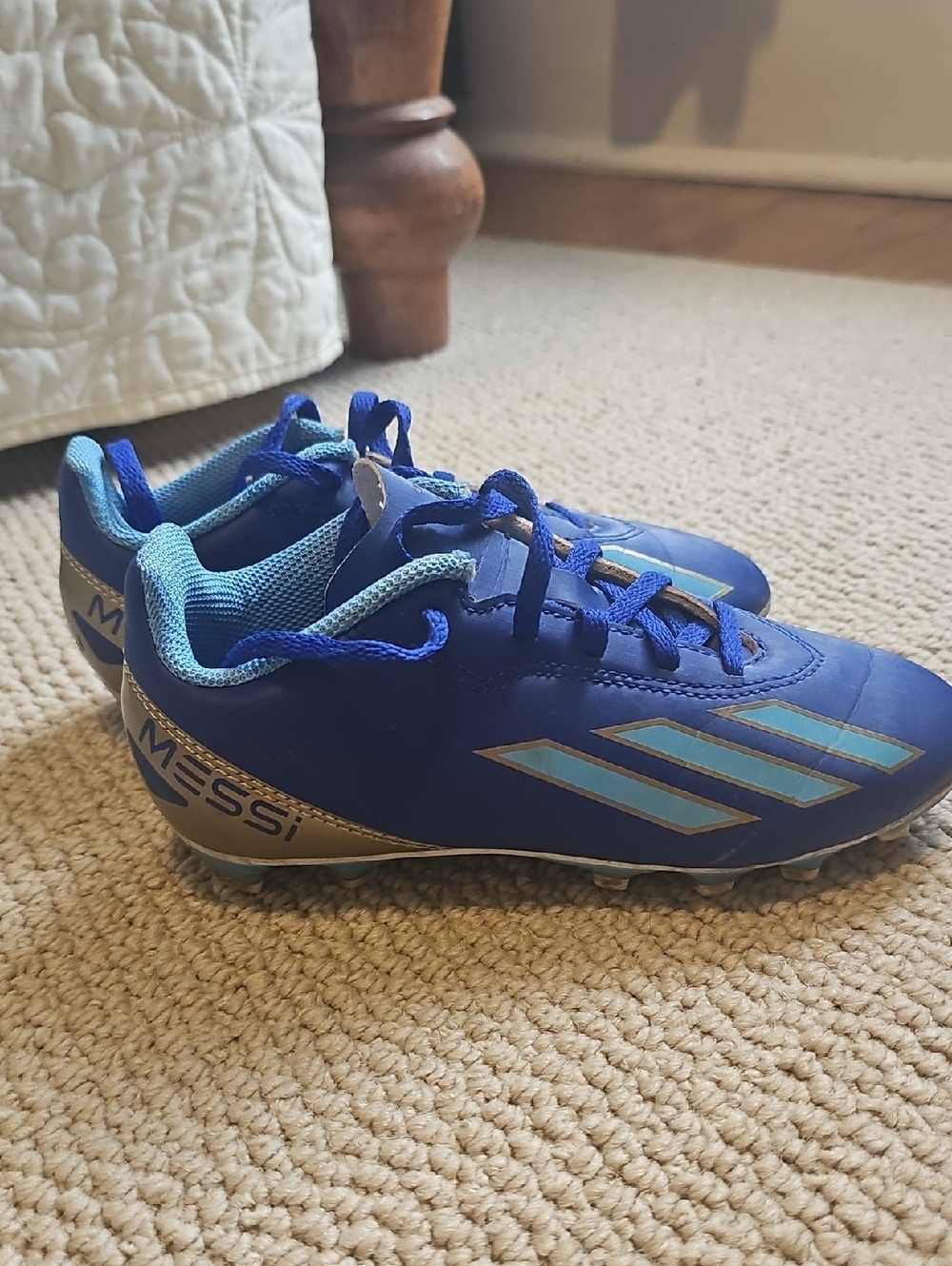 adidas Kids Blue Messi Soccer Sneakers with Light Blue Accents